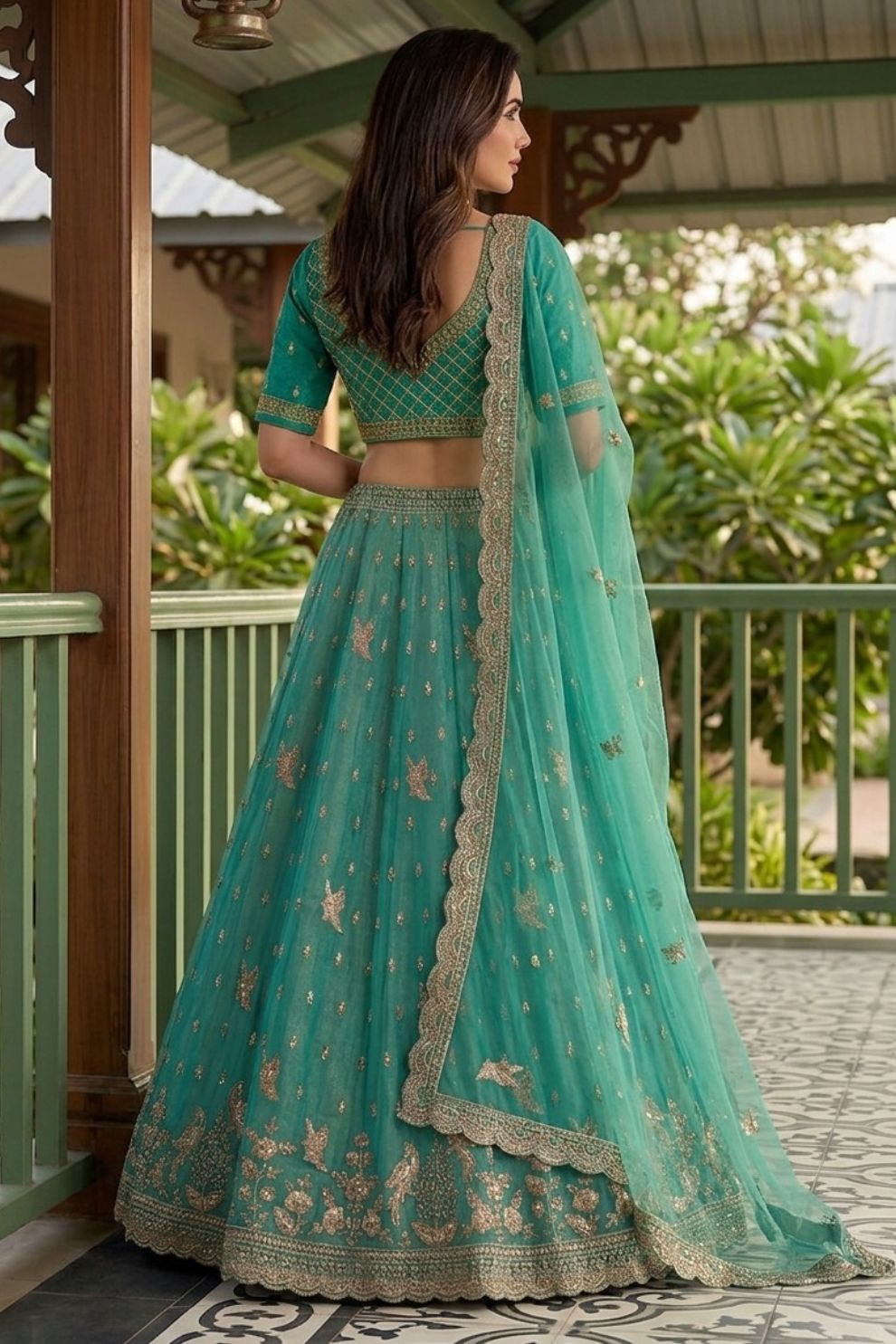 Rama Green Tissue Lehenga Embroidered Sequins Stones Beads Zari Work Elegant Wear