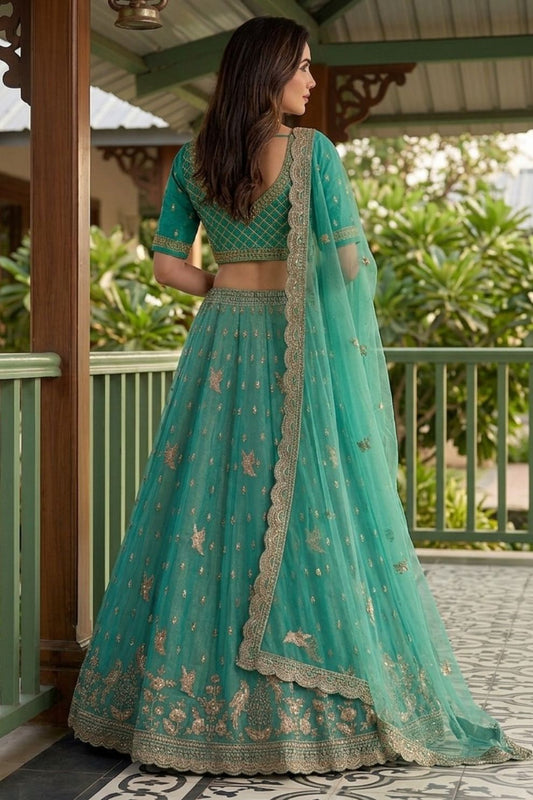 Rama Green Tissue Lehenga Embroidered Sequins Stones Beads Zari Work Elegant Wear