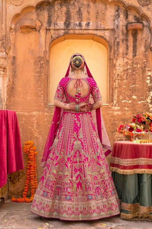 Traditional Rani Pink Silk Embroidered Bridal Lehenga with Sequin and Bead Details
