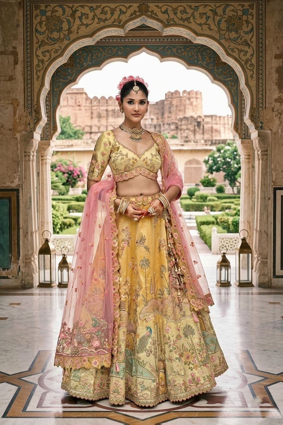 Mustard Yellow and Soft Pink Embroidered Silk Bridal Lehenga Choli