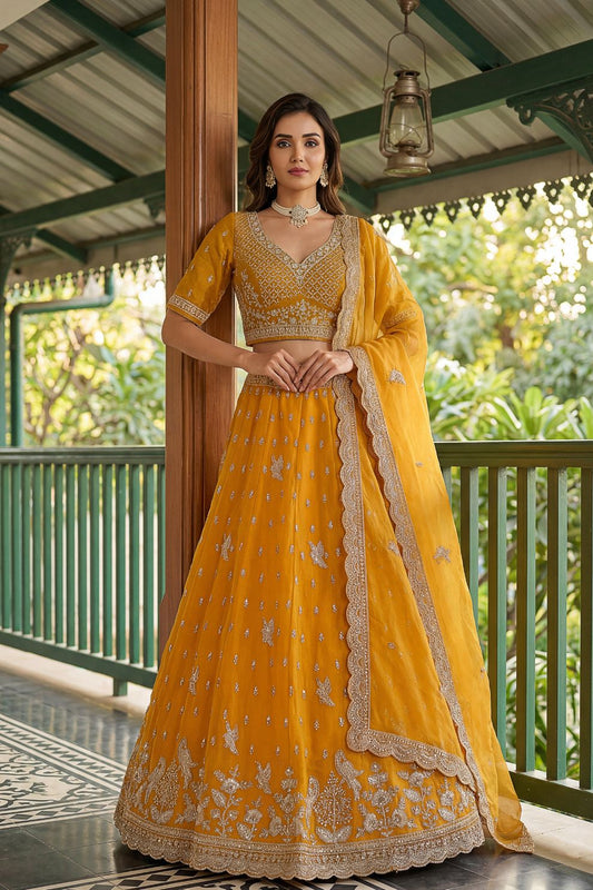 Yellow Tissue Lehenga Embroidered Sequins Stones Beads Zari Work Elegant Wear