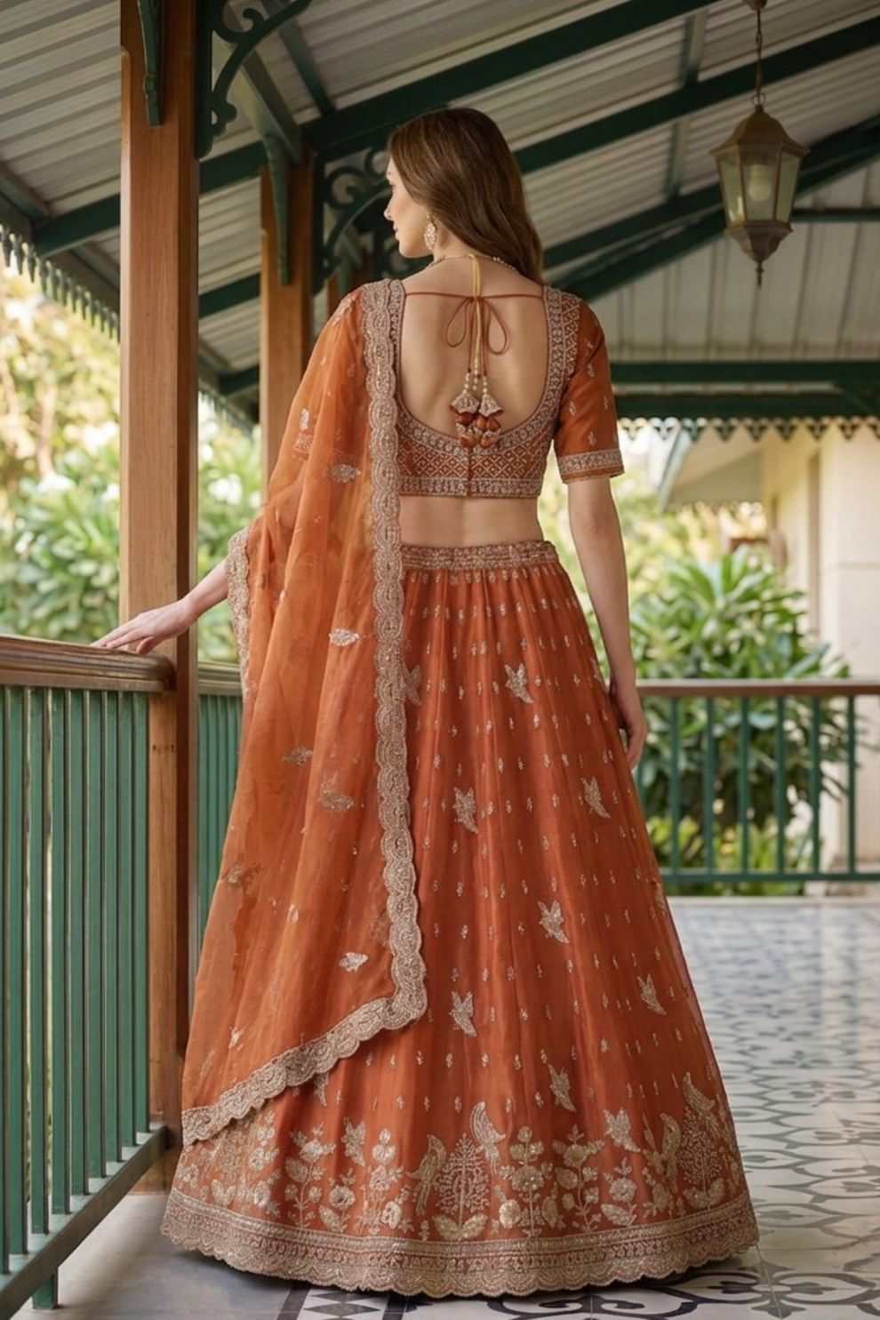 Orange Tissue Lehenga Embroidered Sequins Stones Beads Zari Work Elegant Wear