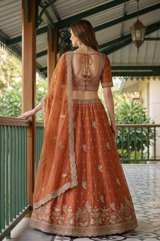 Orange Tissue Lehenga Embroidered Sequins Stones Beads Zari Work Elegant Wear