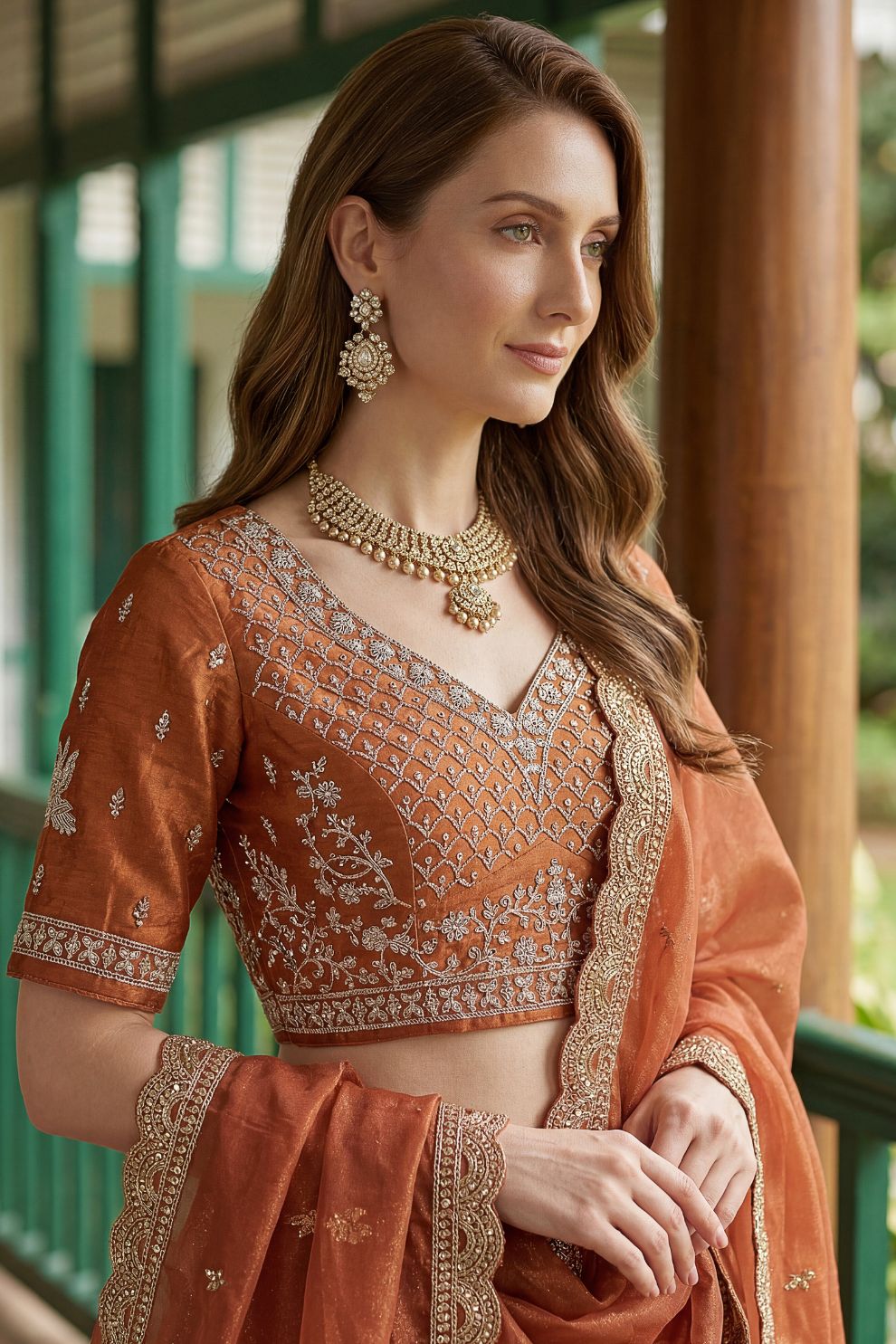 Orange Tissue Lehenga Embroidered Sequins Stones Beads Zari Work Elegant Wear