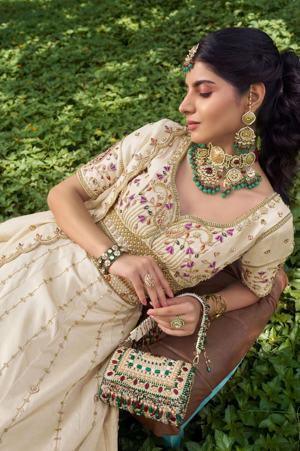 Royal Off white Silk Mehendi Lehenga Choli with Bead Embroidery Elegant