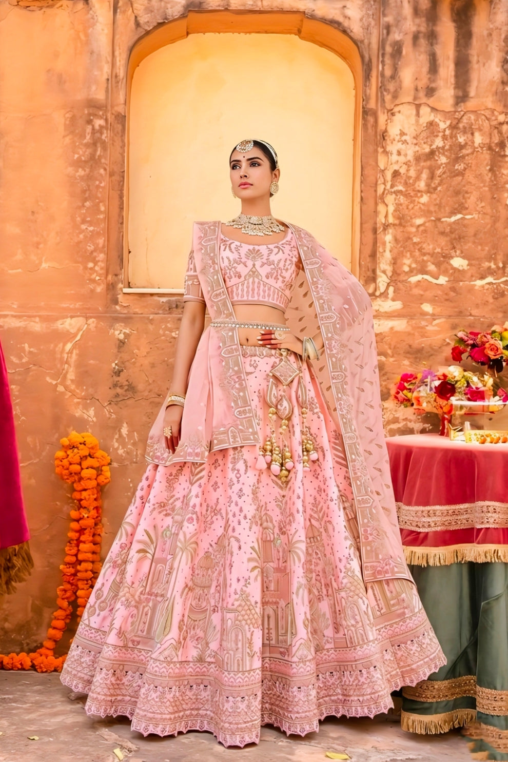 Baby Pink Silk Lehenga Choli with Intricate Palace and Palm Tree Heritage Embroidery