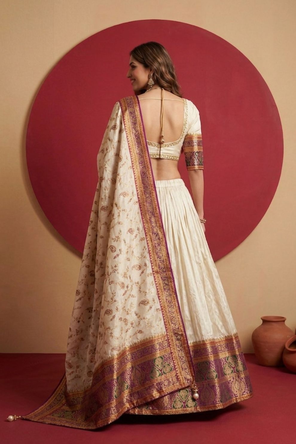 Off White Zari Weaving Viscose Silk Lehenga Choli Traditional Elegant