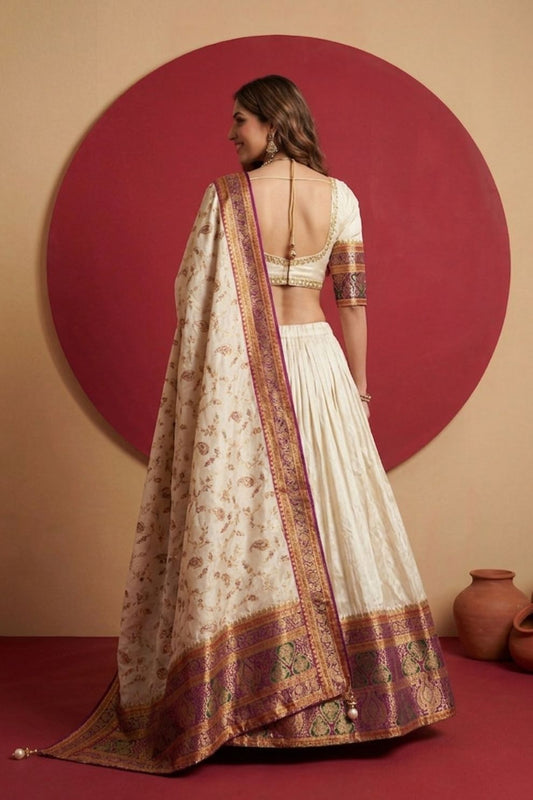 Off White Zari Weaving Viscose Silk Lehenga Choli Traditional Elegant
