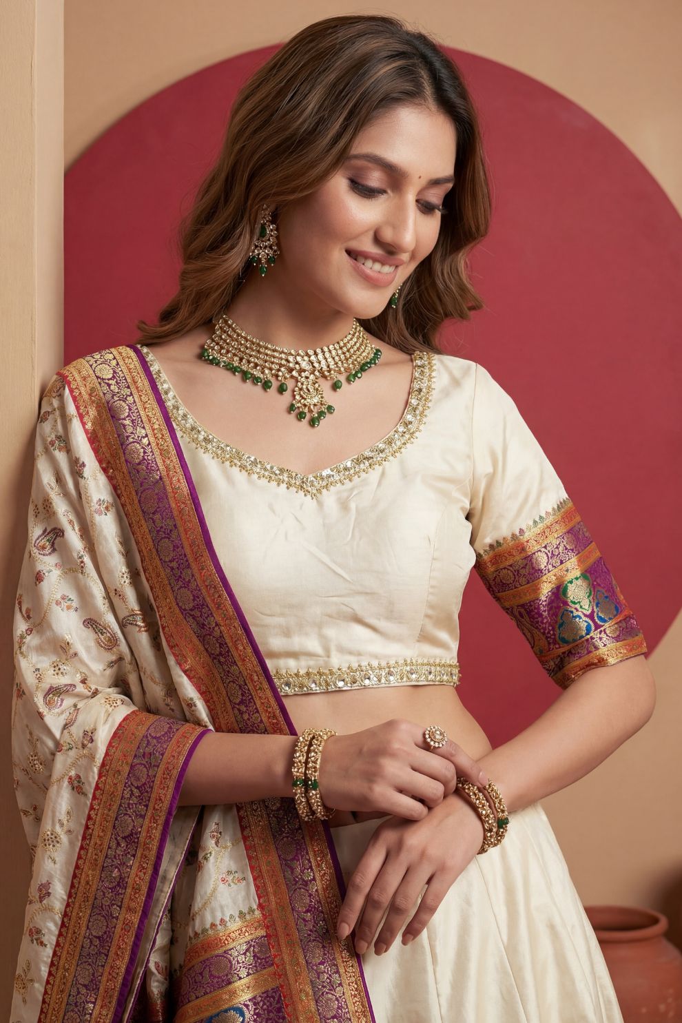 Off White Zari Weaving Viscose Silk Lehenga Choli Traditional Elegant