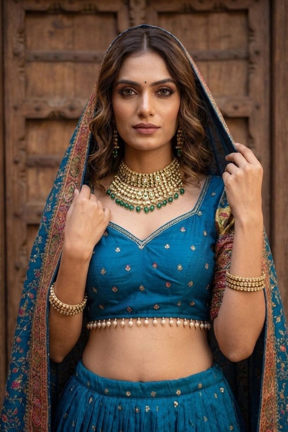Kalamkari Banarasi Silk Lehenga Choli Peacock Blue