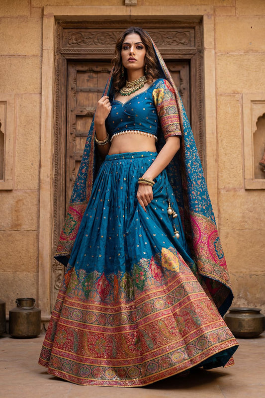 Kalamkari Banarasi Silk Lehenga Choli Peacock Blue