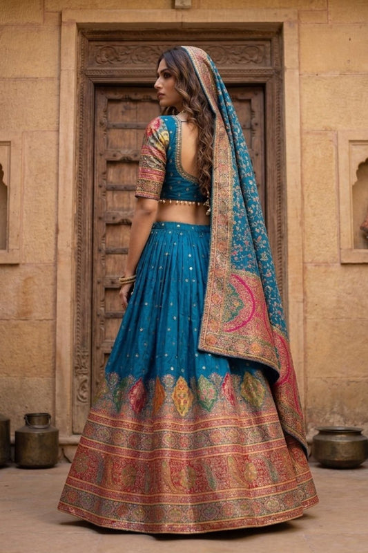 Kalamkari Banarasi Silk Lehenga Choli Peacock Blue
