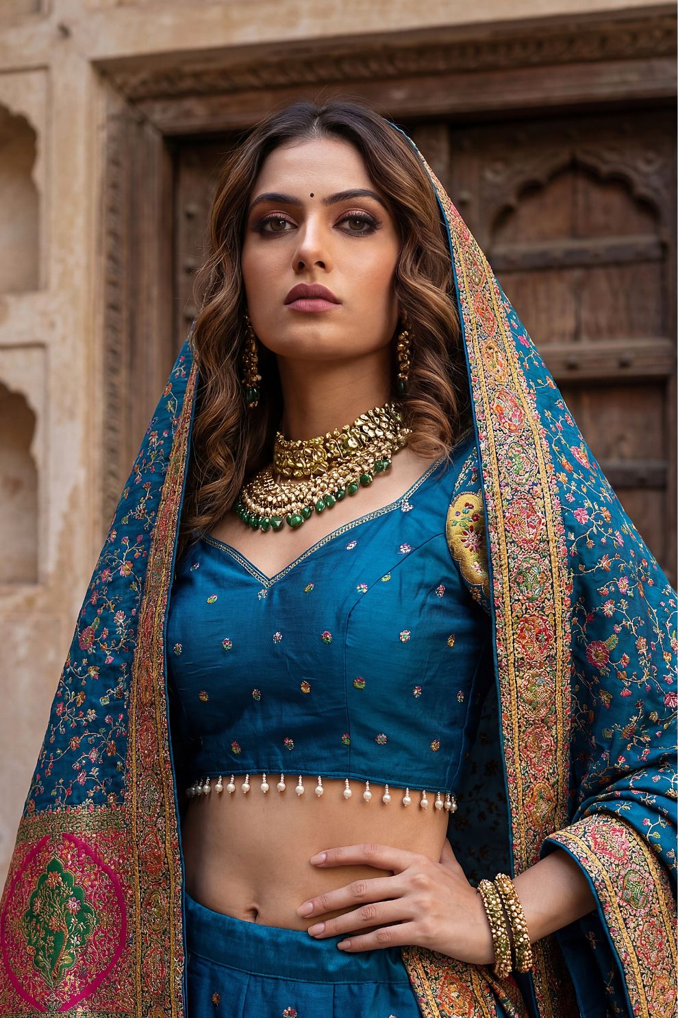 Kalamkari Banarasi Silk Lehenga Choli Peacock Blue