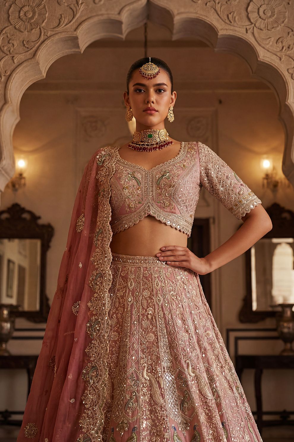 Net Bridal Lehenga Zardozi Peacock Motifs Embroidery Elegant Wedding