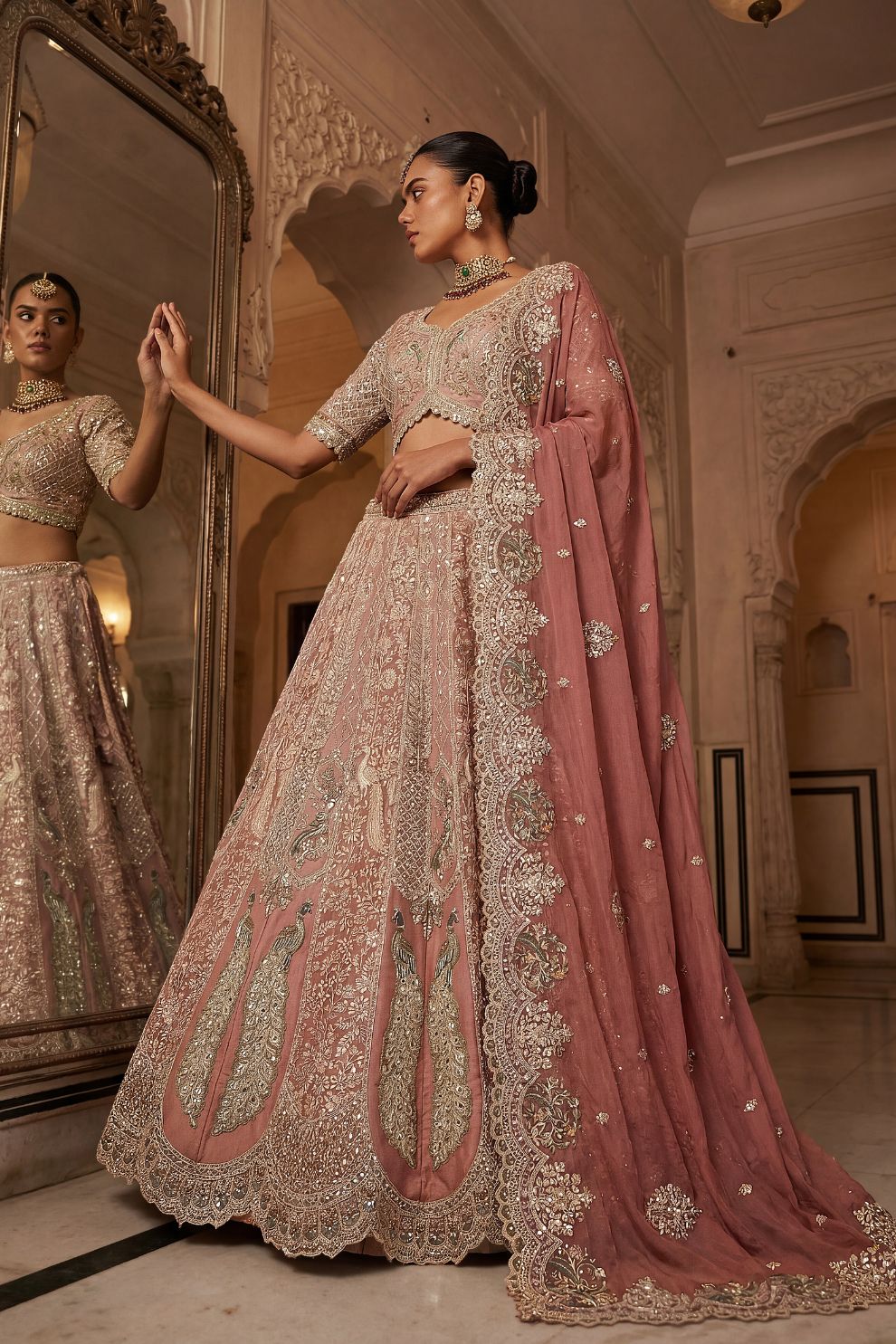 Net Bridal Lehenga Zardozi Peacock Motifs Embroidery Elegant Wedding