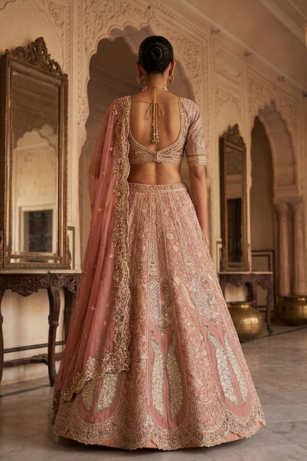 Net Bridal Lehenga Zardozi Peacock Motifs Embroidery Elegant Wedding