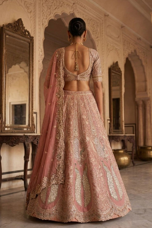 Net Bridal Lehenga Zardozi Peacock Motifs Embroidery Elegant Wedding