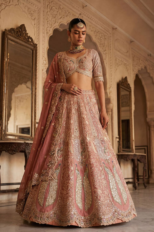 Net Bridal Lehenga Zardozi Peacock Motifs Embroidery Elegant Wedding