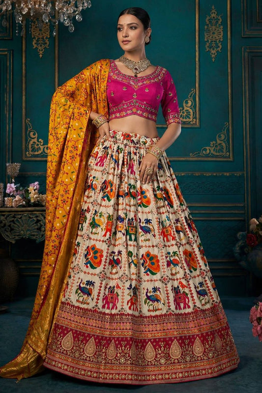 Multi Color Dola Silk Lehenga Choli Weaving Work Wedding Wear Elegant