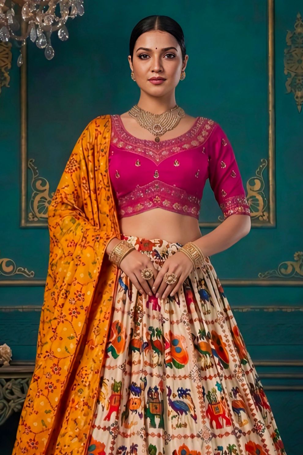 Multi Color Dola Silk Lehenga Choli Weaving Work Wedding Wear Elegant