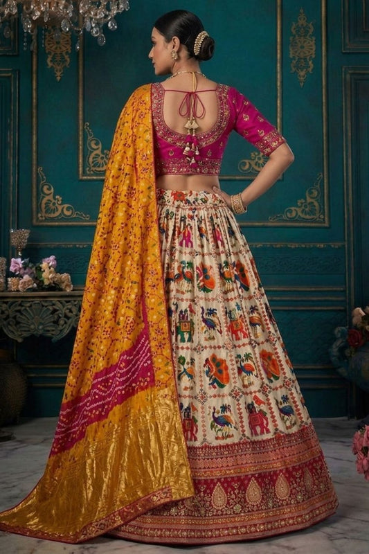 Multi Color Dola Silk Lehenga Choli Weaving Work Wedding Wear Elegant