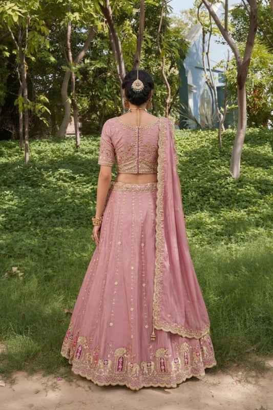 Royal Pink Silk Mehendi Lehenga Choli with Bead Embroidery Elegant