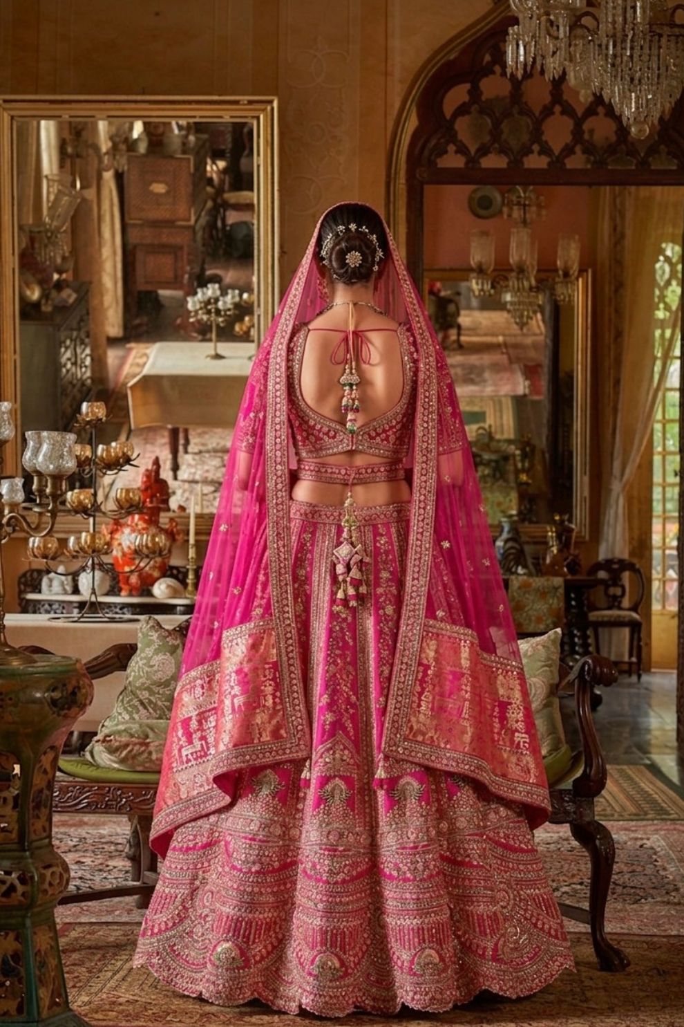 Rani Pink Silk Bridal Lehenga with Embroidered Belt Zardozi Florals