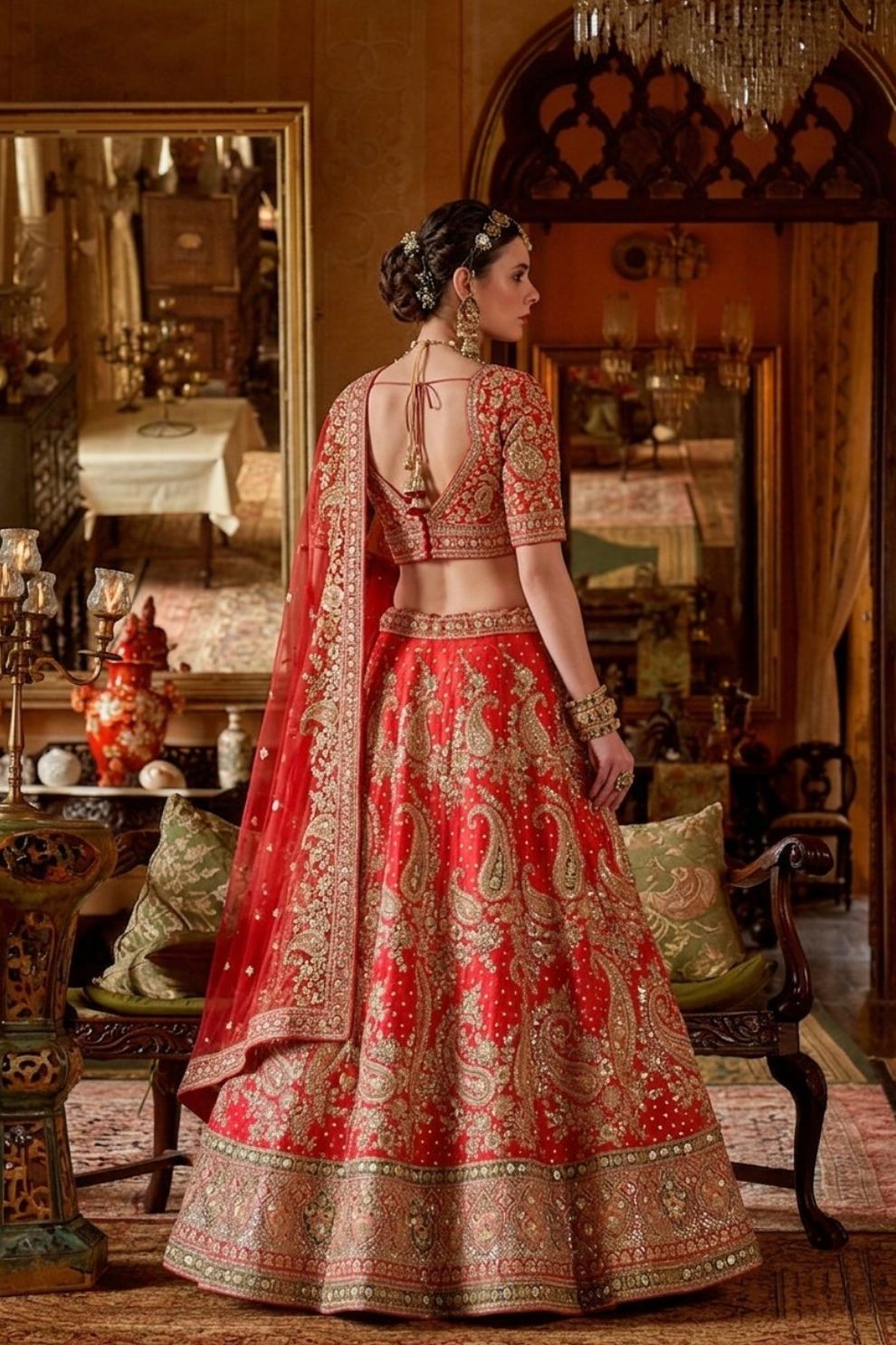 Vermillion Red Silk Bridal Lehenga Golden Paisley Zari Embroidery