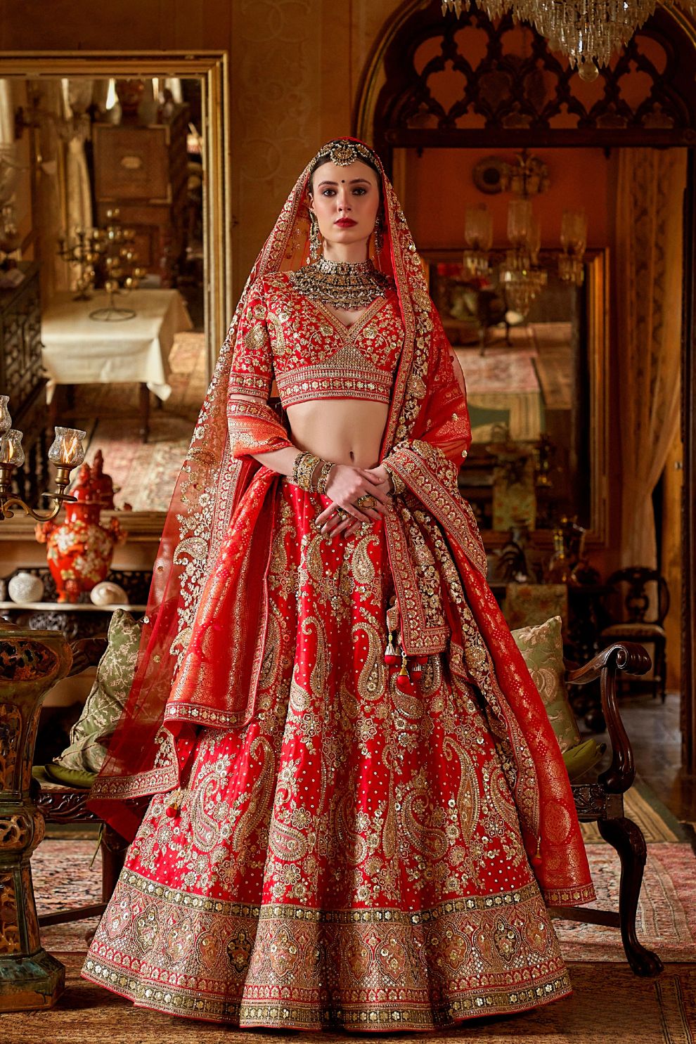 Vermillion Red Silk Bridal Lehenga Golden Paisley Zari Embroidery