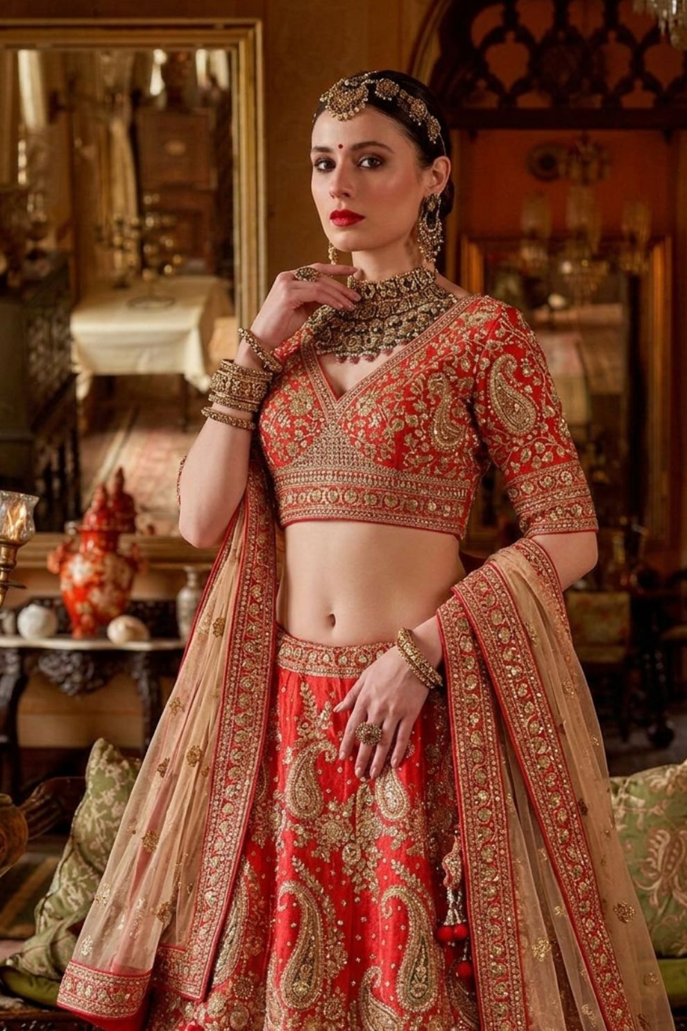Vermillion Red Silk Bridal Lehenga Golden Paisley Zari Embroidery