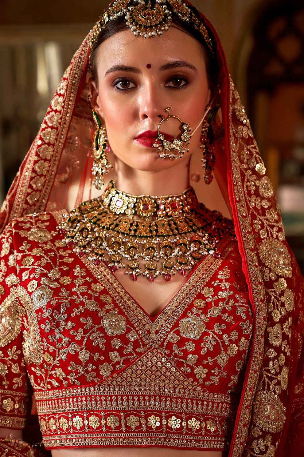 Vermillion Red Silk Bridal Lehenga Golden Paisley Zari Embroidery