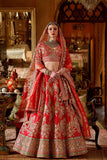 Vermillion Red Silk Bridal Lehenga Golden Paisley Zari Embroidery