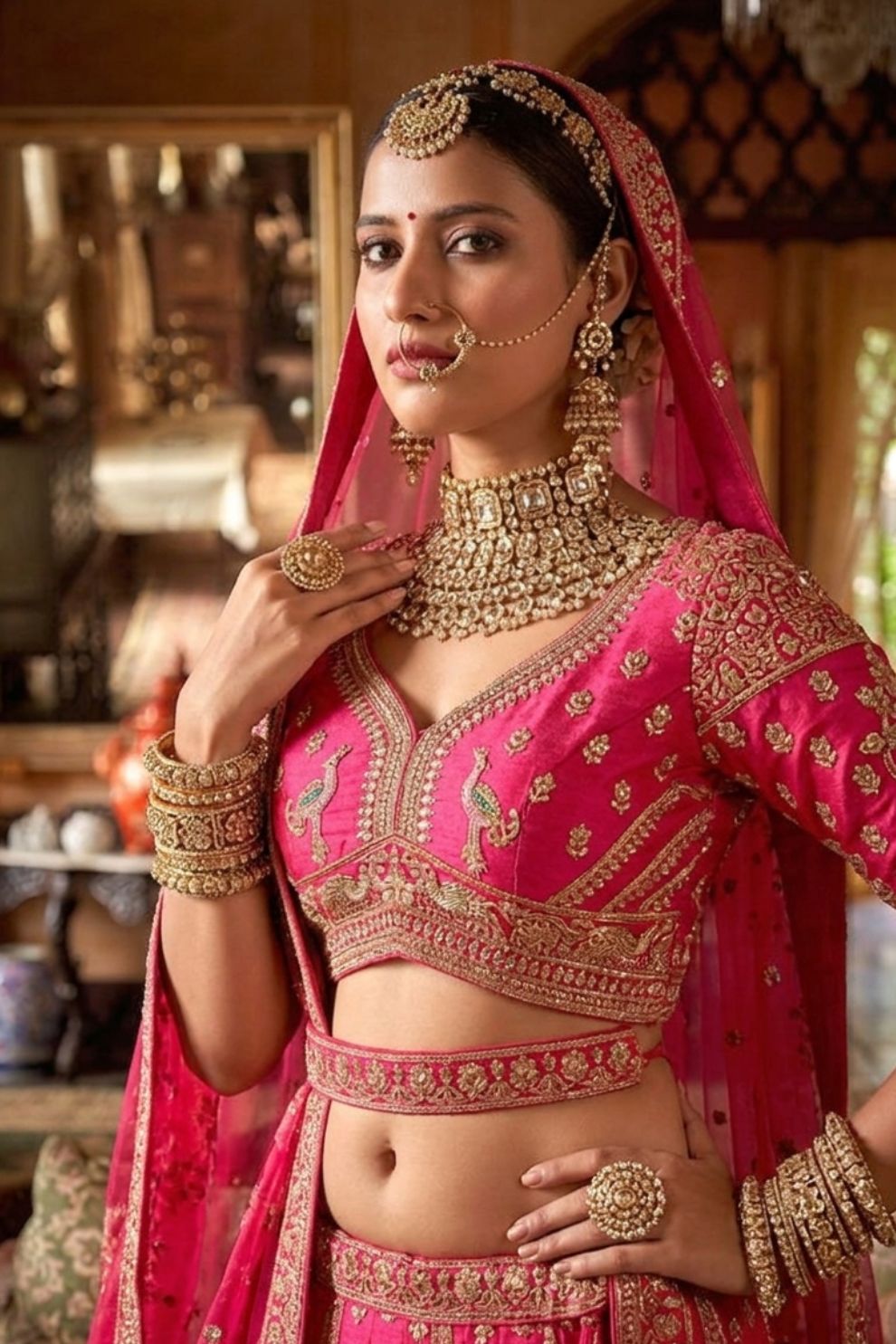 Rani Pink Silk Bridal Lehenga Signature Belt Zardozi Floral Work Elegant