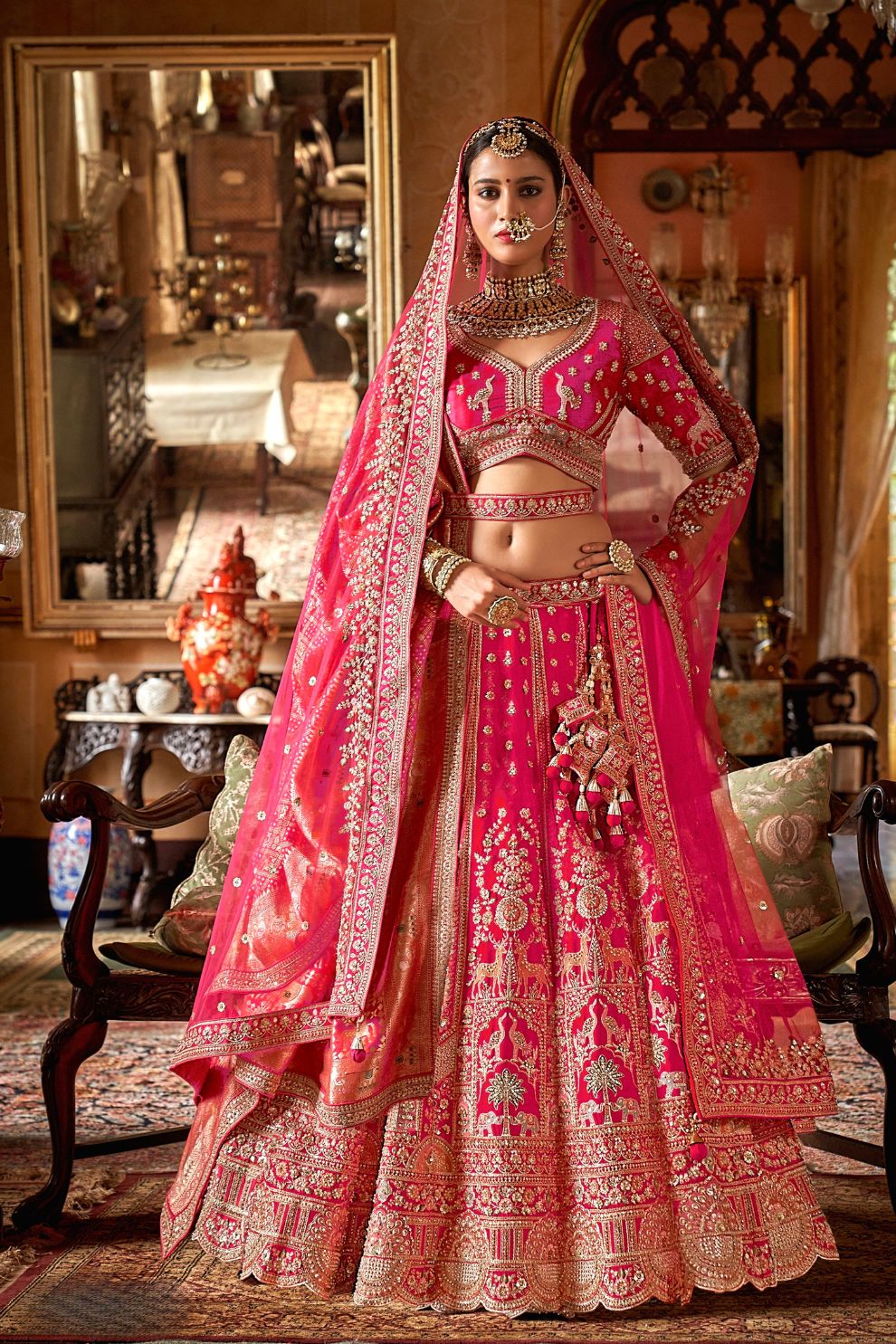 Rani Pink Silk Bridal Lehenga Signature Belt Zardozi Floral Work Elegant