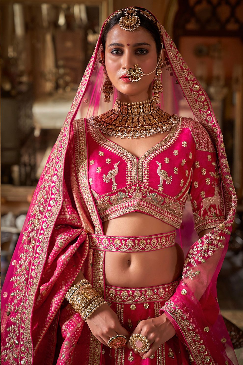 Rani Pink Silk Bridal Lehenga Signature Belt Zardozi Floral Work Elegant