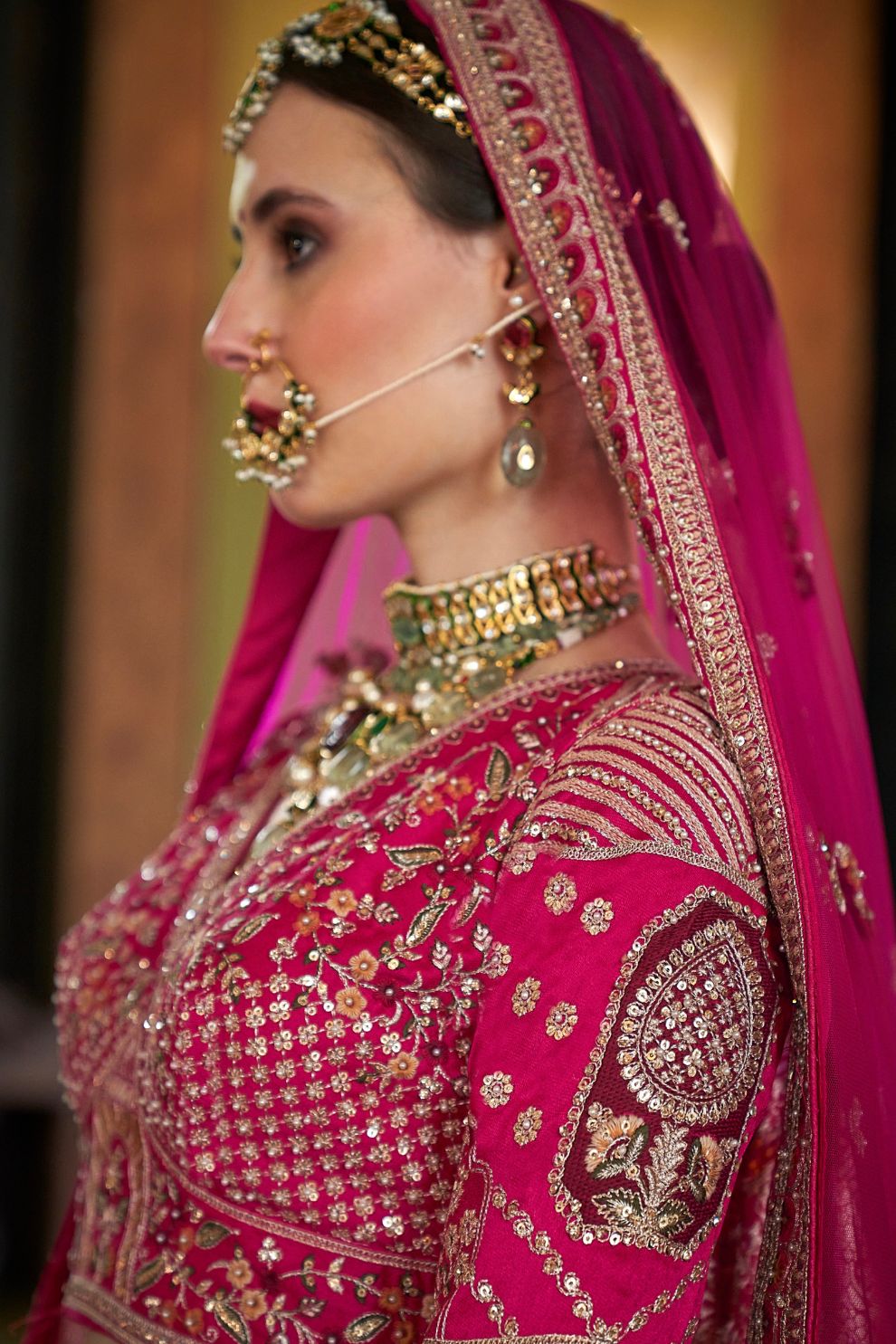 Fuchsia Pink Silk Bridal Lehenga Heavy Zardozi Architectural Motifs