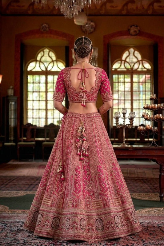Fuchsia Pink Silk Bridal Lehenga Heavy Zardozi Architectural Motifs