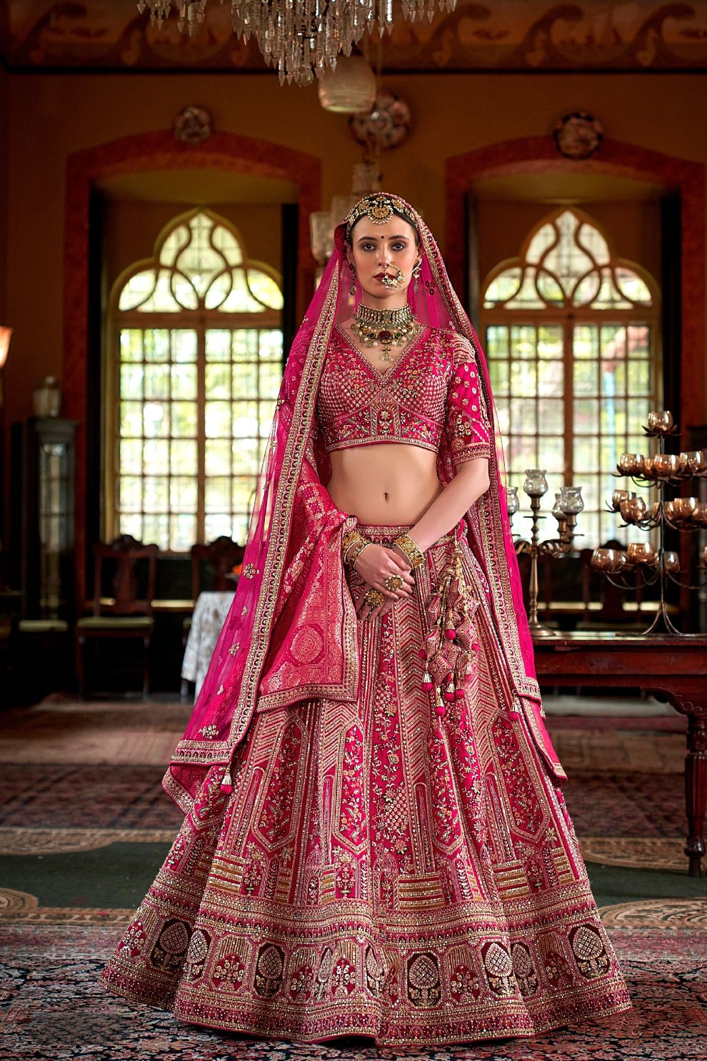 Fuchsia Pink Silk Bridal Lehenga Heavy Zardozi Architectural Motifs