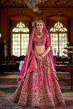 Fuchsia Pink Silk Bridal Lehenga Heavy Zardozi Architectural Motifs