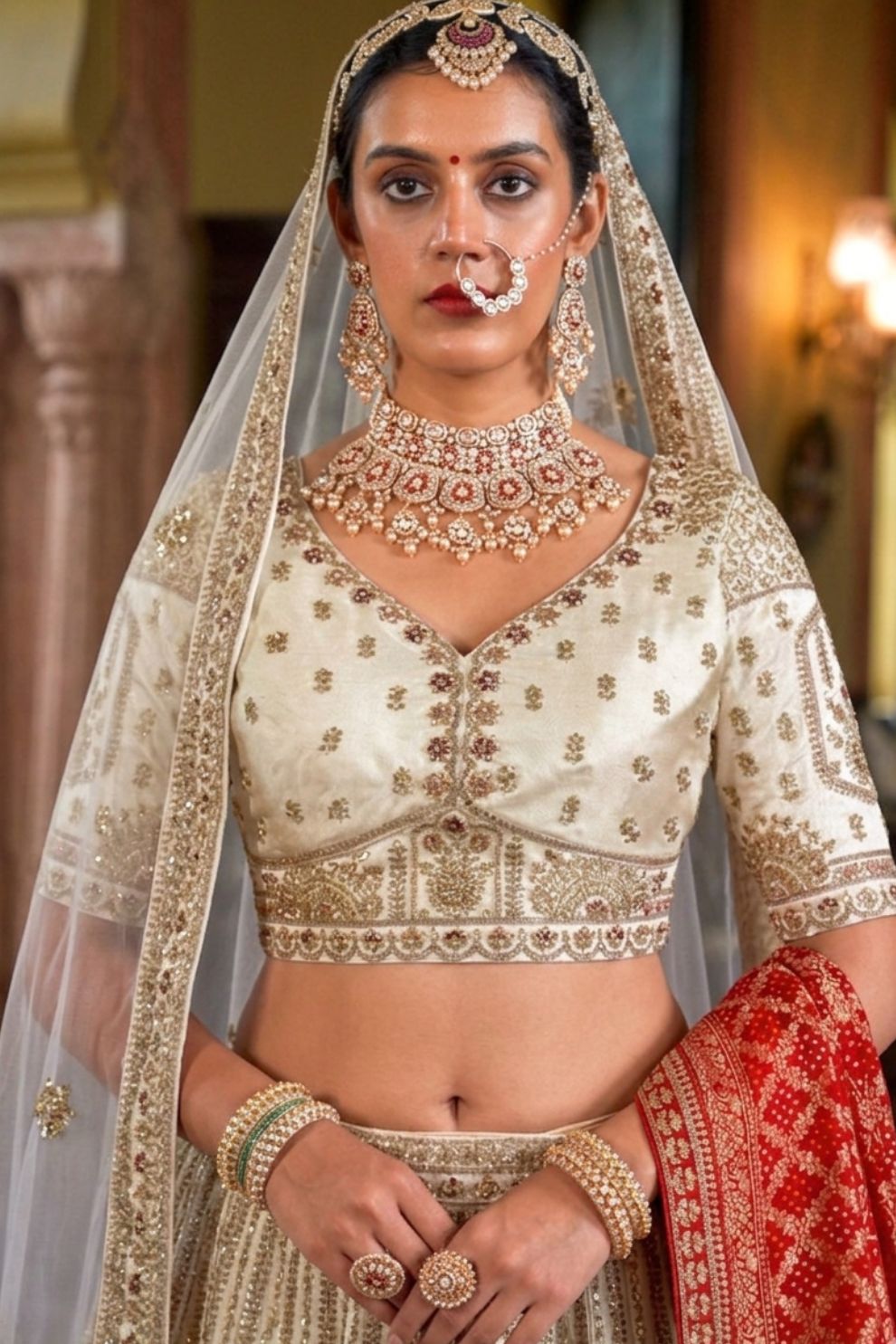 Ivory Silk Lehenga Set with Double Dupatta Intricate Embroidery Elegant